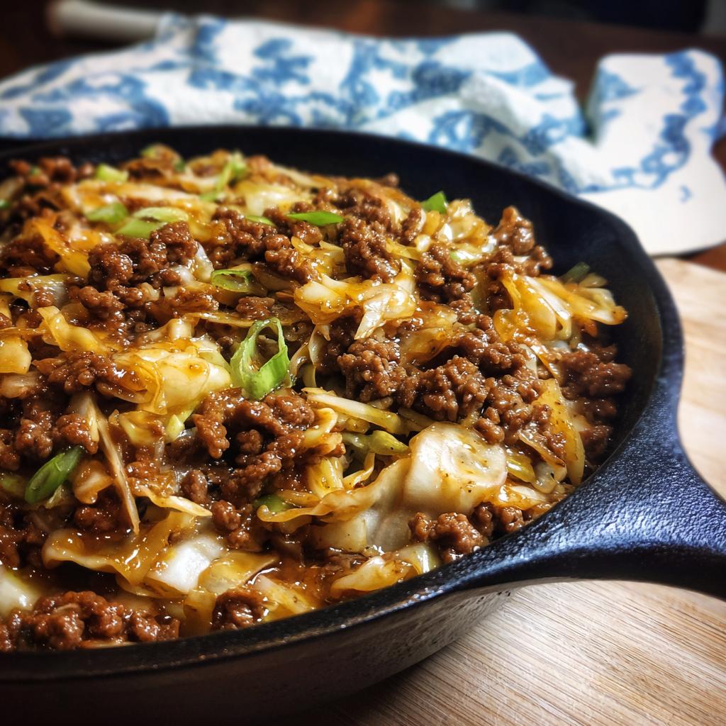 A close-up of a cast iron skillet filled with a flavorful Egg Roll in a Bowl, featuring ground meat and cabbage.