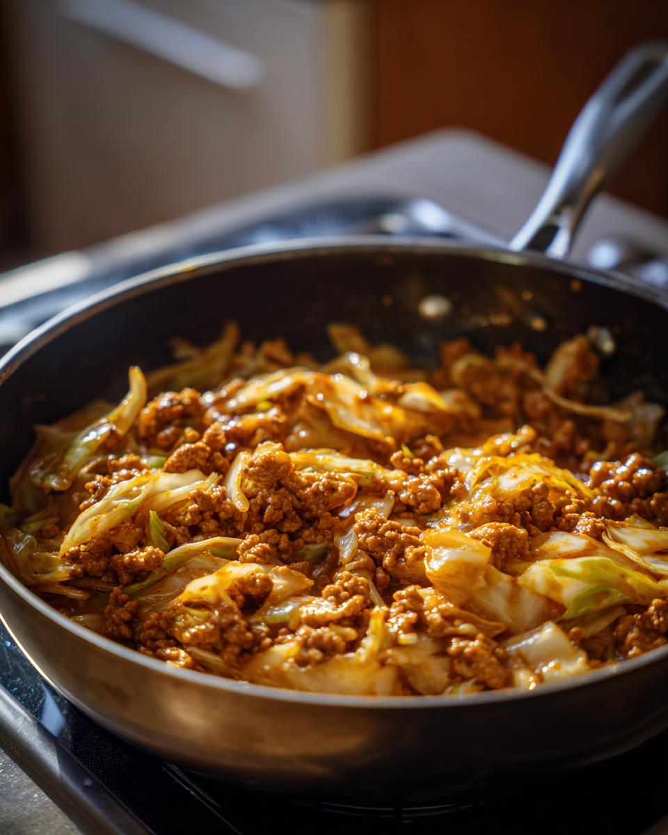 Close-up of Egg Roll in a Bowl being cooked in a skillet with ground meat and cabbage.
