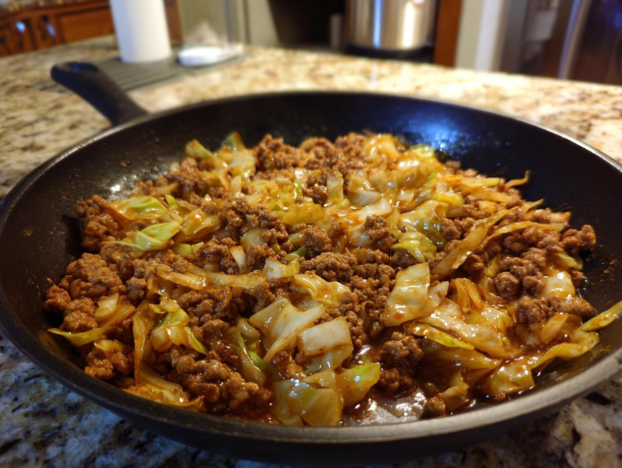 Close-up of a skillet filled with a savory Egg Roll in a Bowl, featuring ground meat and cabbage in a glossy sauce.