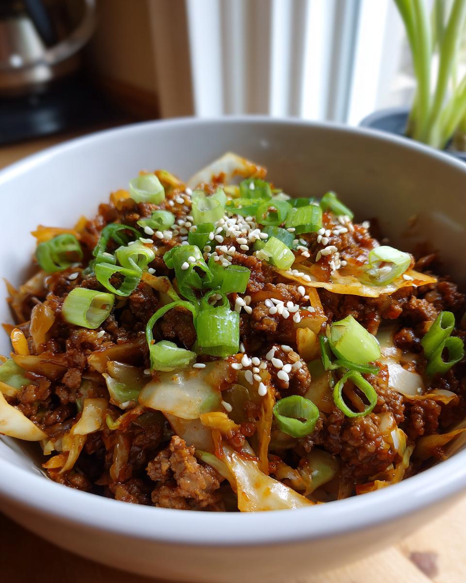 A close-up of a bowl filled with Egg Roll in a Bowl, topped with green onions and sesame seeds.