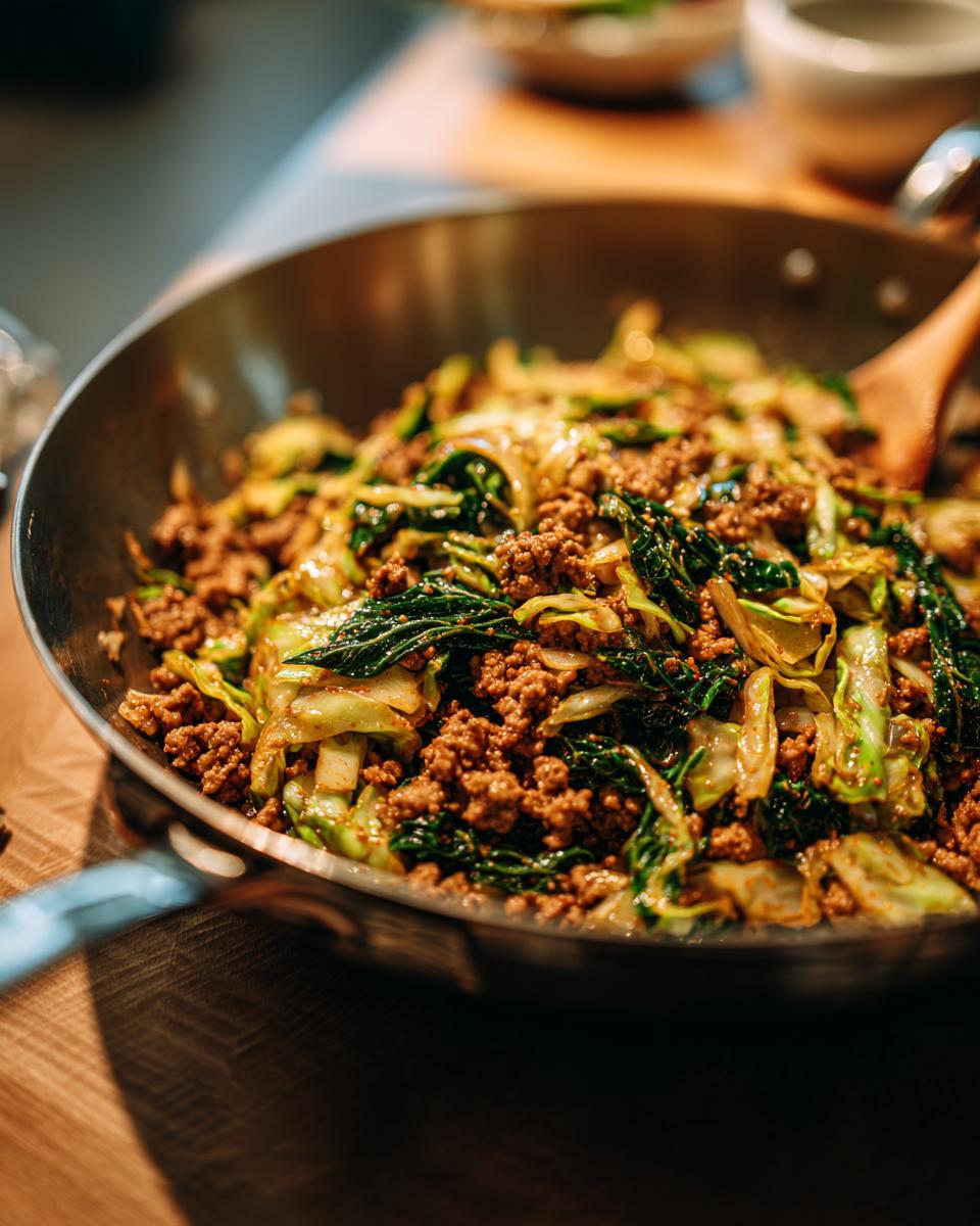 Close-up of Egg Roll in a Bowl being cooked in a wok with ground meat and cabbage.