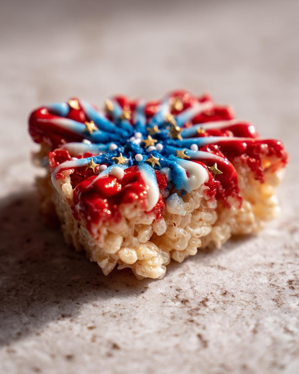 A festive Firecracker Rice Krispie Treat decorated with red, white, and blue icing and gold stars, perfect for Fourth of July desserts.