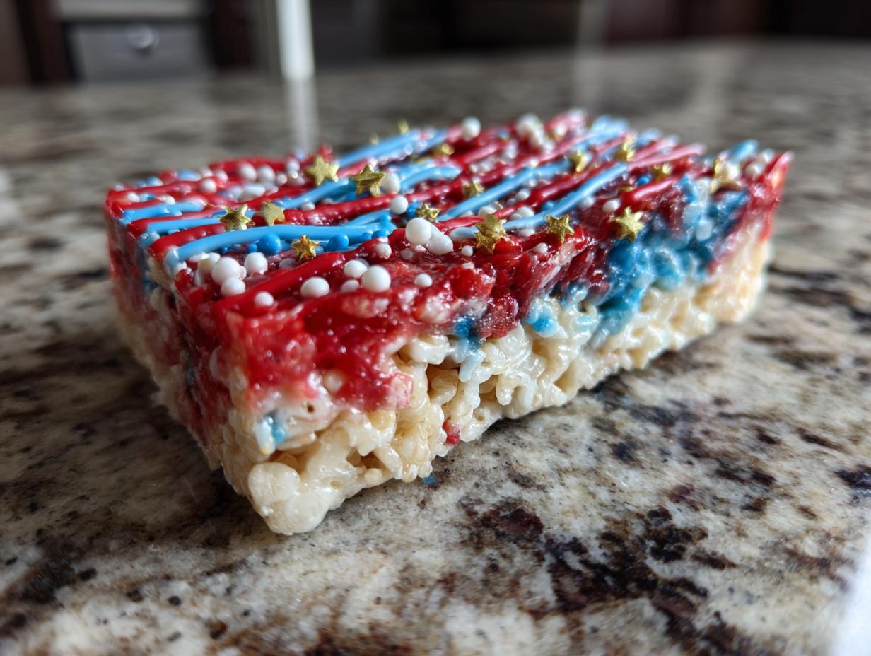 A festive Firecracker Rice Krispie Treat decorated with red, white, and blue icing and gold star sprinkles, perfect for Fourth of July desserts.