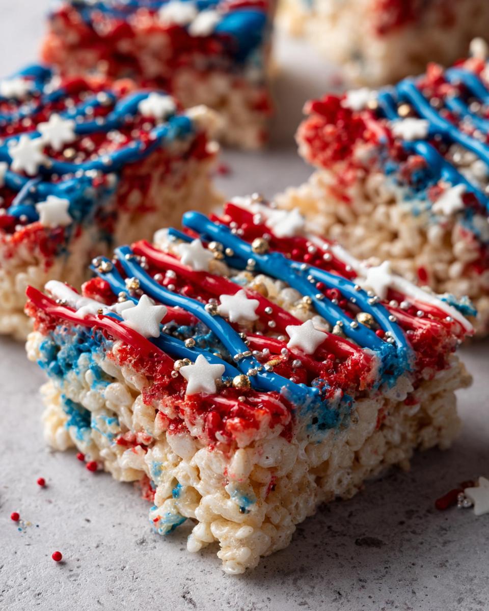 Close-up of a Firecracker Rice Krispie Treat decorated with red, white, and blue icing and star sprinkles.