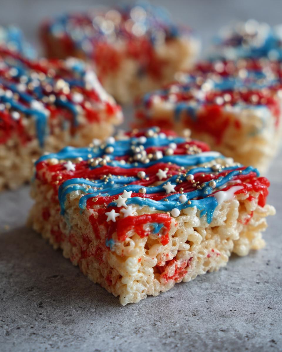 Close-up of a Firecracker Rice Krispie Treat decorated with red, white, and blue icing and sprinkles.