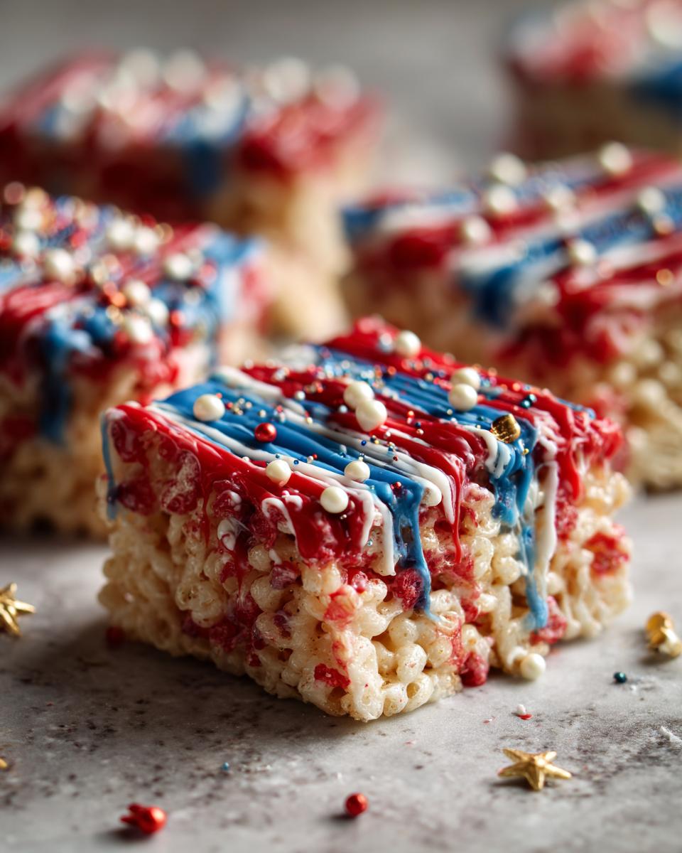 Close-up of a festive Firecracker Rice Krispie Treat, decorated with red, white, and blue icing and sprinkles for Fourth of July desserts.