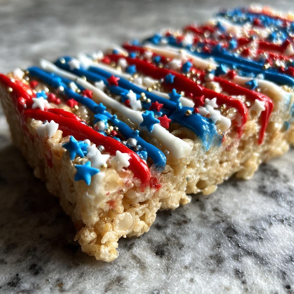 Close-up of a Firecracker Rice Krispie Treat decorated with red, white, and blue icing and star sprinkles.