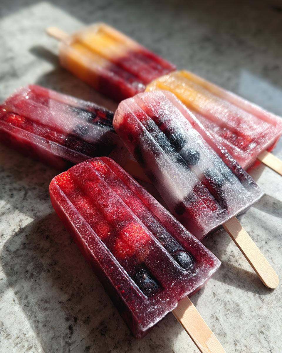 Close-up of colorful berry popsicles, featuring strawberries, blueberries, and a layered yellow and red popsicle, perfect for Fourth of July desserts.