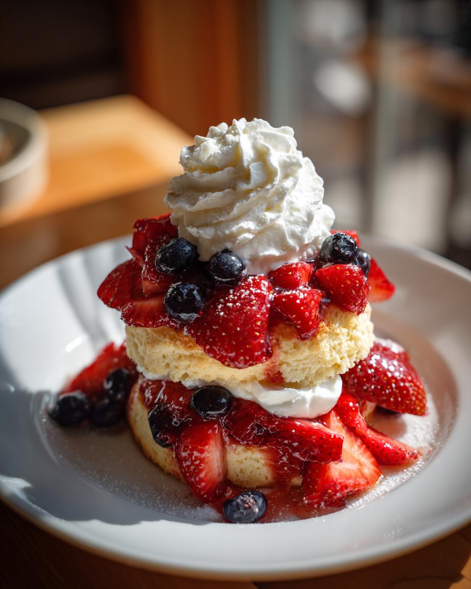 A festive Fourth of July Berry Shortcake made with pound cake, fresh strawberries, blueberries, and whipped cream.
