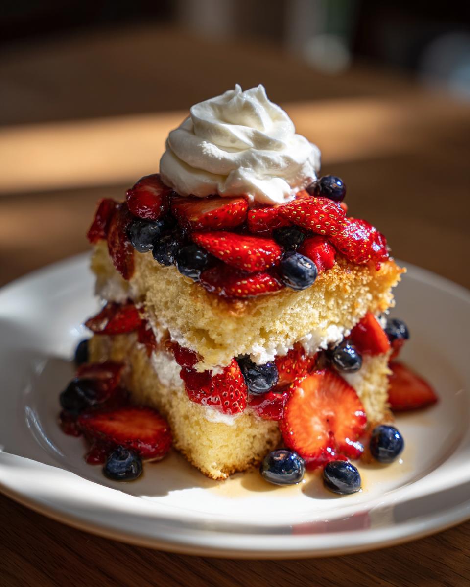 A decadent slice of Fourth of July berry shortcake with pound cake, strawberries, blueberries, and whipped cream.
