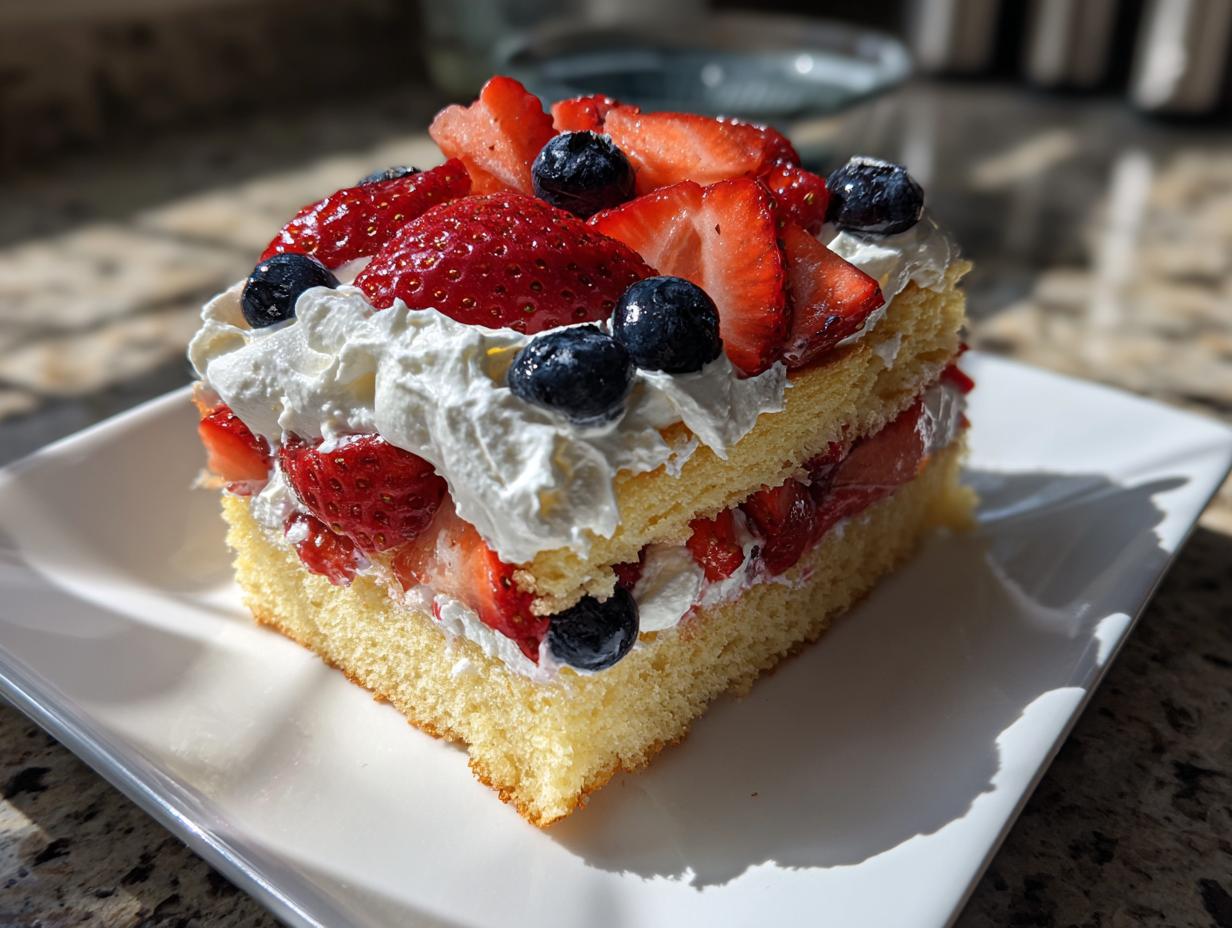 A slice of Fourth of July berry shortcake made with pound cake, strawberries, blueberries, and whipped cream.