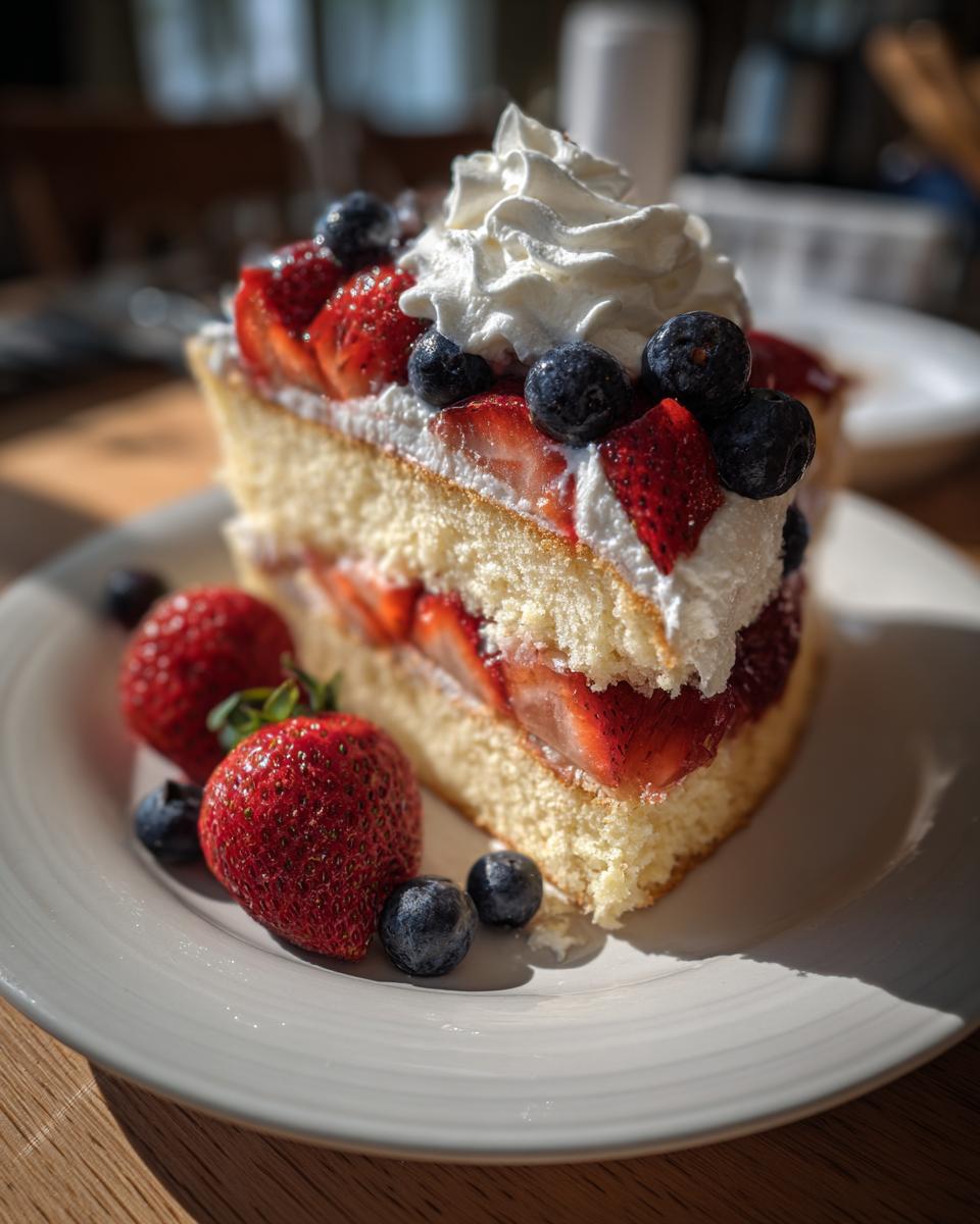 A slice of Fourth of July berry shortcake with strawberries, blueberries, and whipped cream.