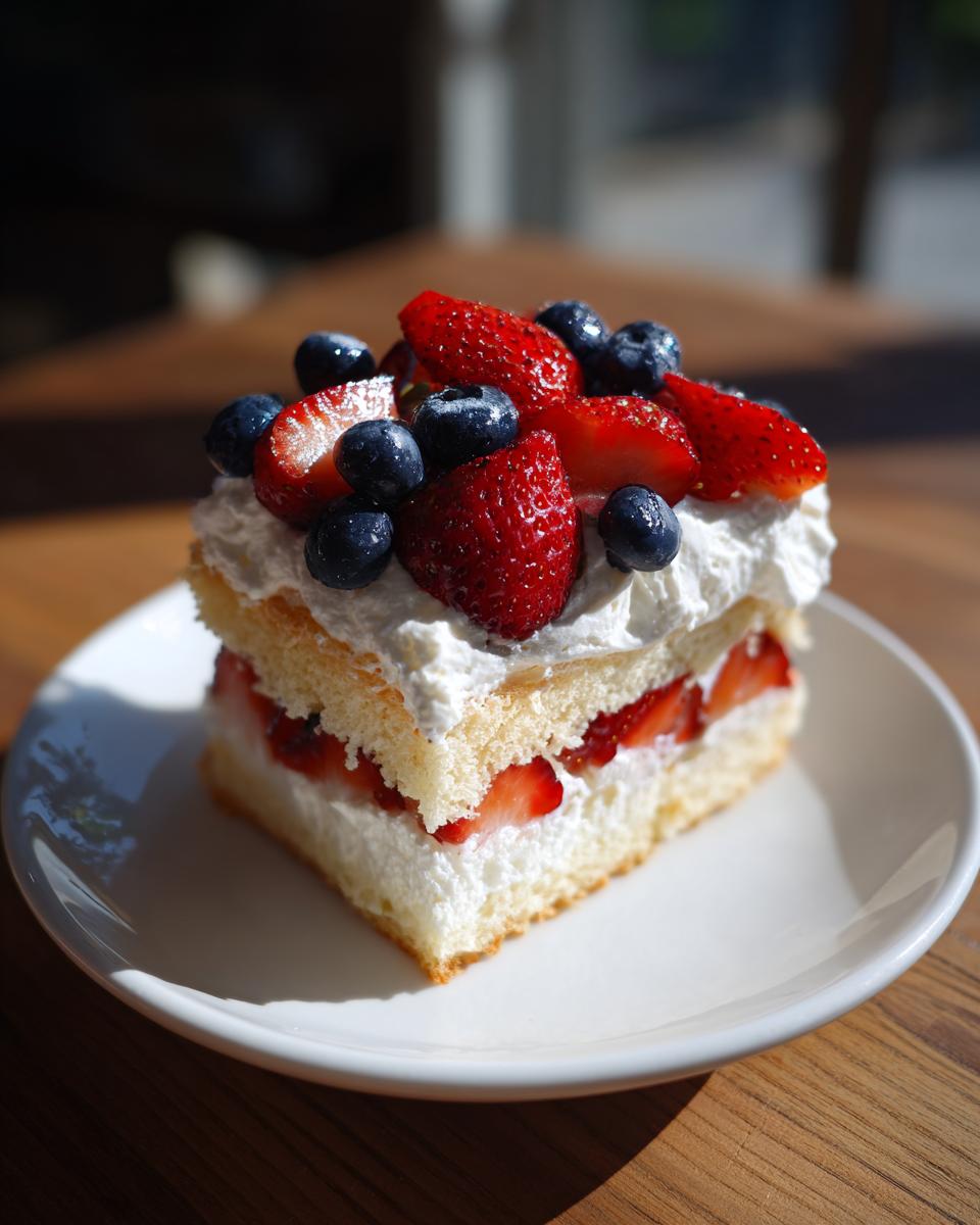 A slice of Fourth of July berry shortcake with pound cake, whipped cream, strawberries, and blueberries.
