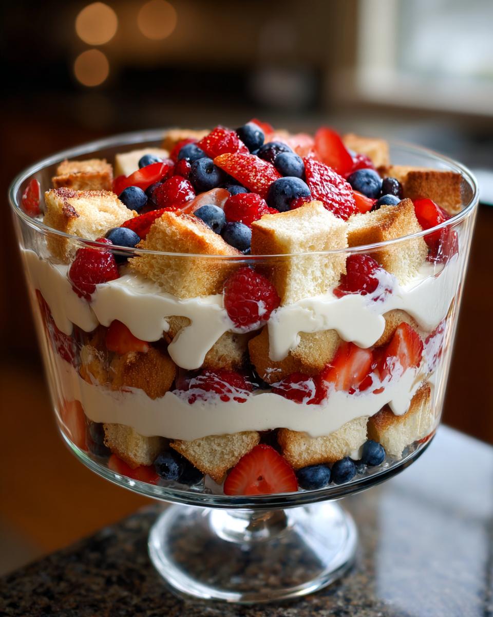 A beautiful Fourth of July dessert: a berry trifle with layers of cake, cream, strawberries, blueberries, and raspberries.