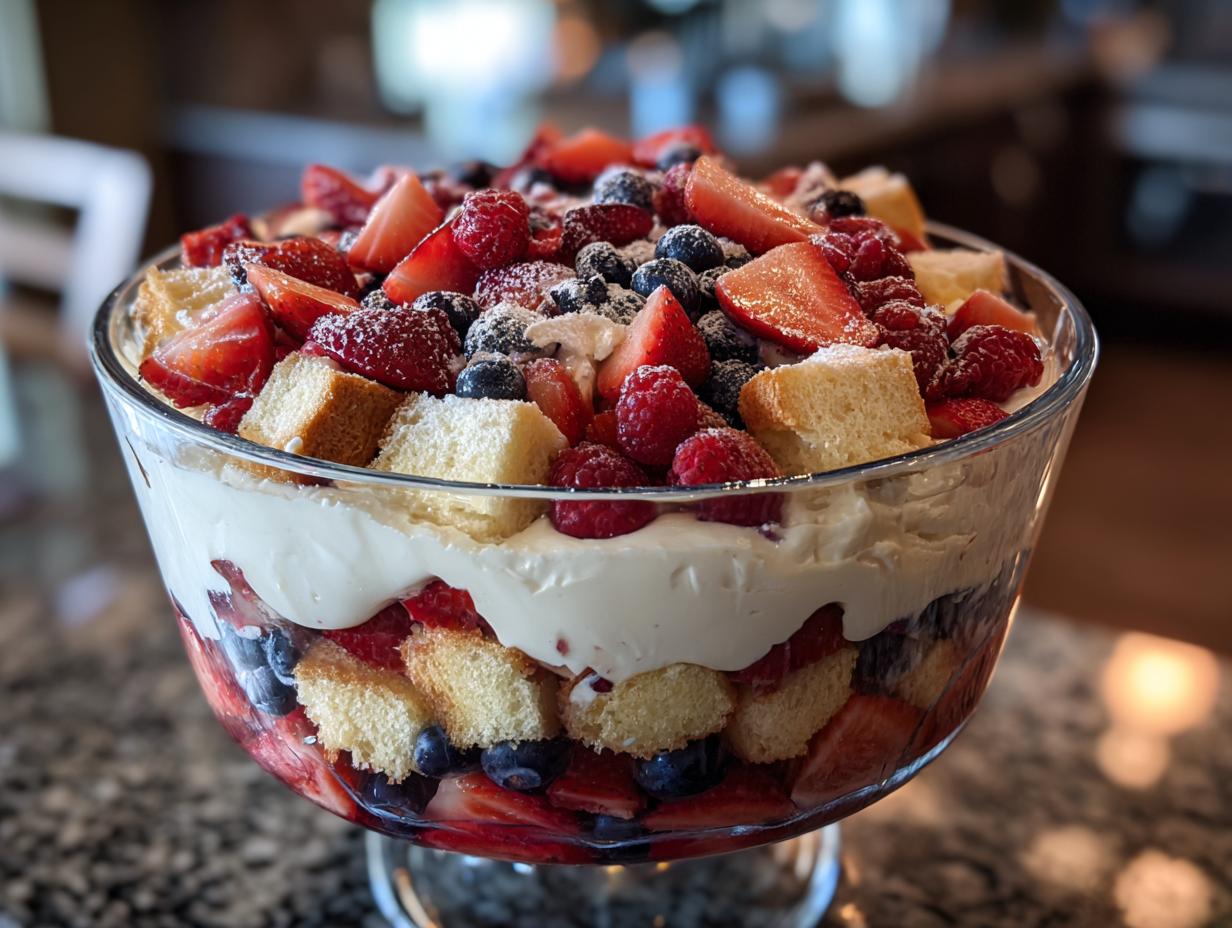 A festive Fourth of July dessert featuring a berry trifle with layers of strawberries, blueberries, raspberries, cake, and whipped cream.