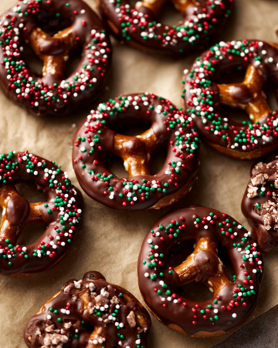 Close-up of chocolate-covered pretzels with red, white, and green sprinkles, perfect for Fourth of July Desserts.