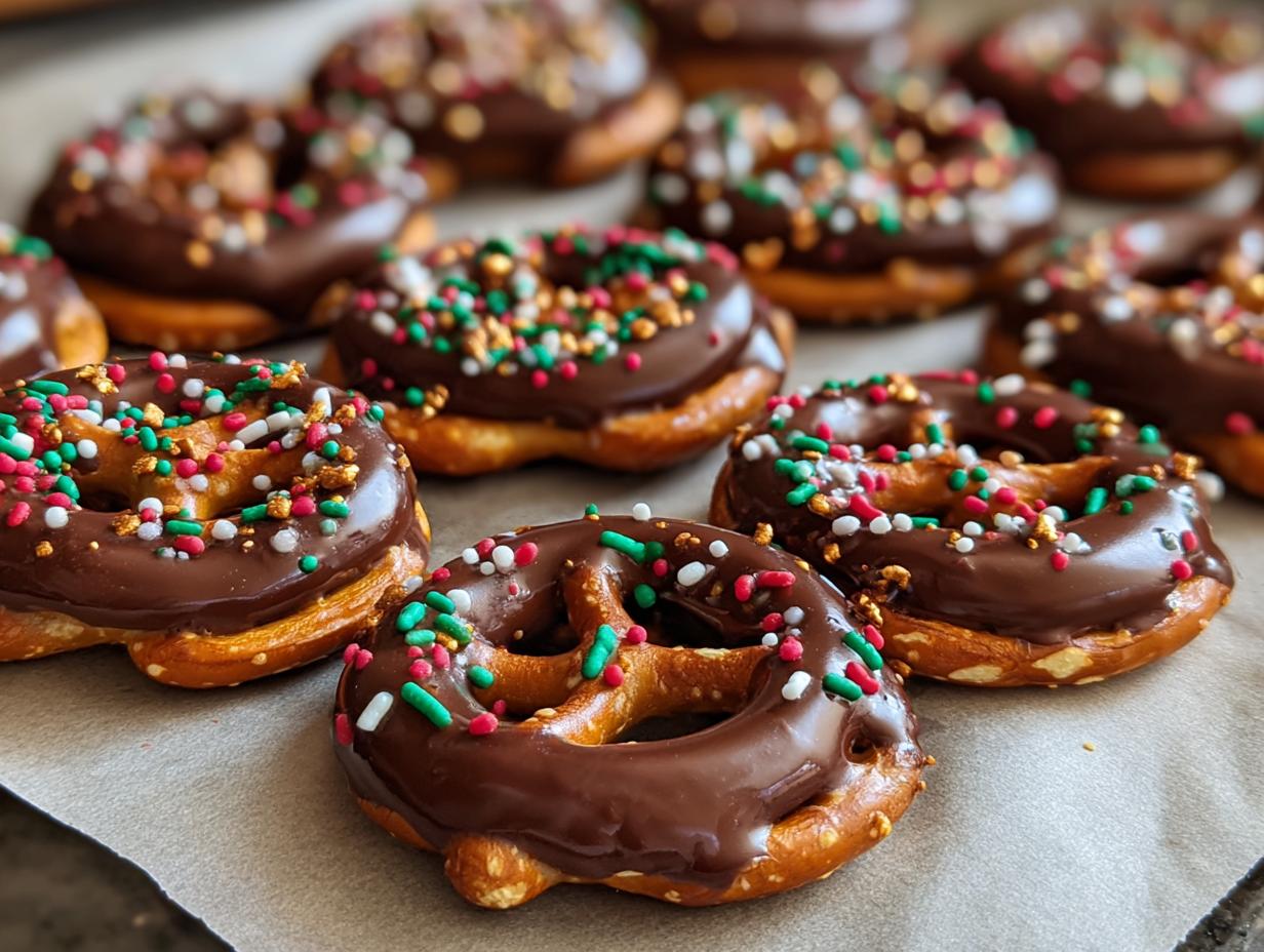Close-up of chocolate-covered pretzels with red, white, and blue sprinkles, perfect for Fourth of July desserts.