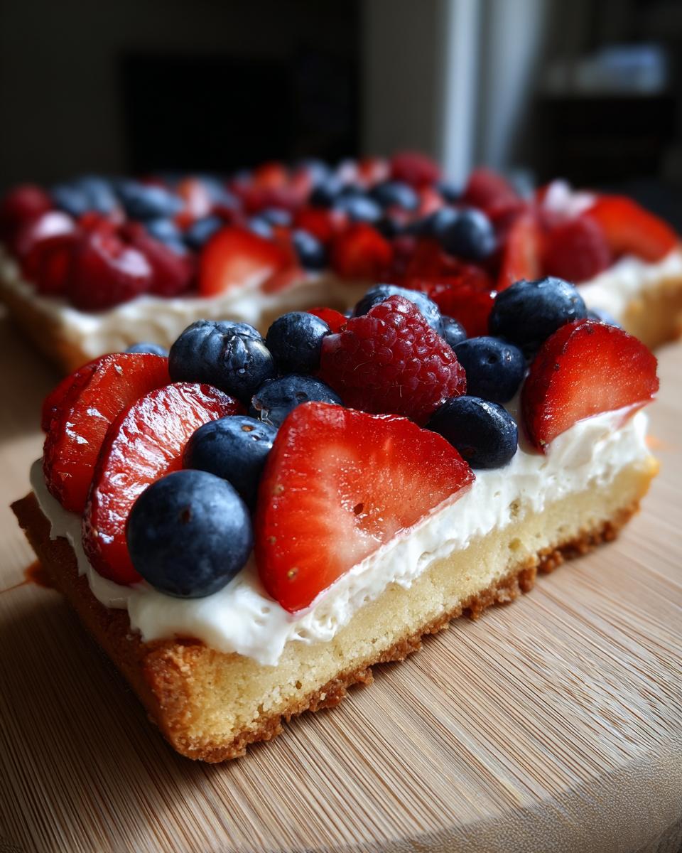 A slice of Fourth of July dessert: flag fruit pizza on a cookie crust with cream cheese frosting and fresh berries.