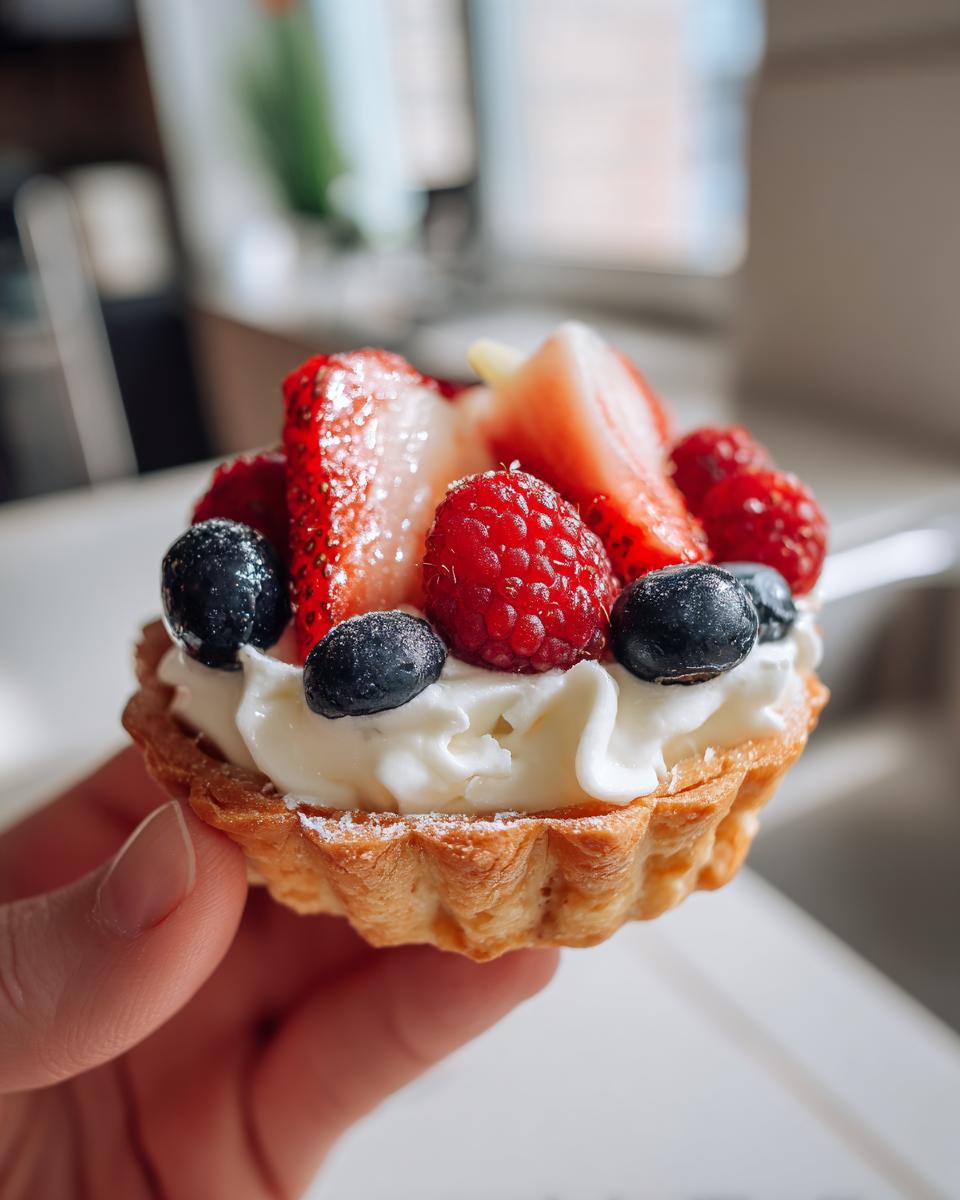 A hand holding a mini tartlet filled with cream and topped with fresh strawberries, raspberries, and blueberries, perfect for Fourth of July Desserts.