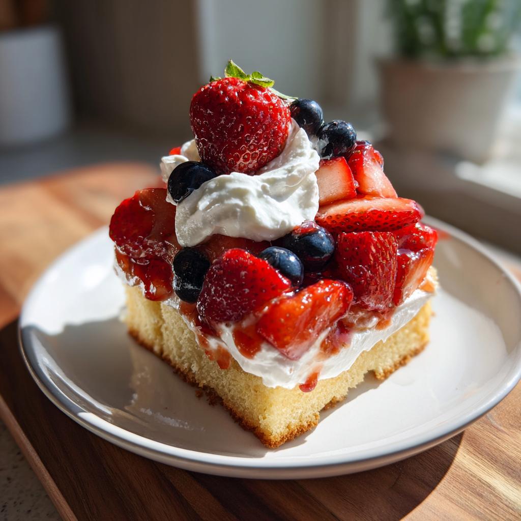 A slice of pound cake topped with whipped cream, strawberries, and blueberries, perfect for Fourth of July desserts.
