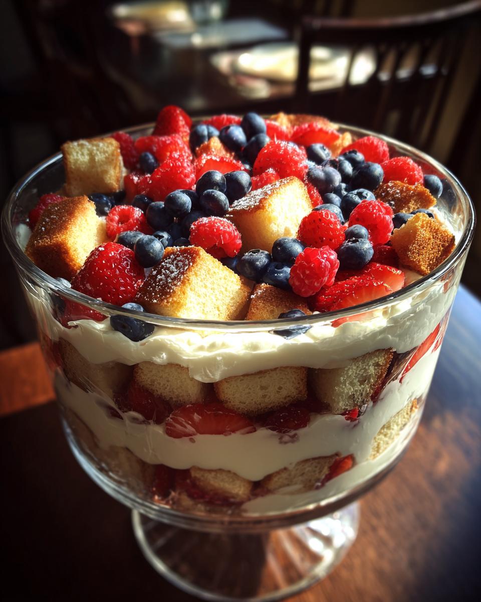 A beautiful Fourth of July dessert featuring a berry trifle with layers of cake, cream, strawberries, raspberries, and blueberries.