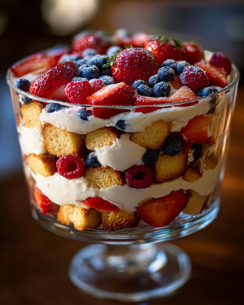 A beautiful Fourth of July dessert featuring a berry trifle with layers of cake, cream, strawberries, blueberries, and raspberries.