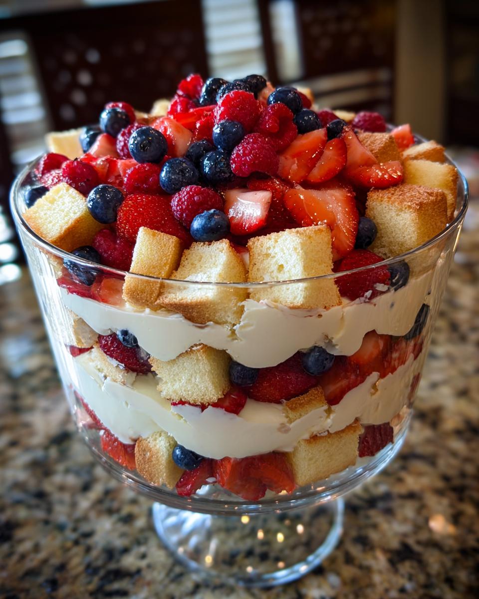 A beautiful Berry Trifle with layers of cake, cream, strawberries, blueberries, and raspberries, perfect for Fourth of July Desserts.