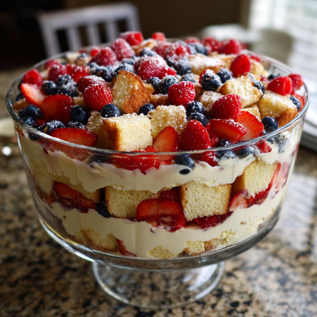 A beautiful Fourth of July dessert with patriotic layers of berries, cake, and cream in a glass trifle bowl.