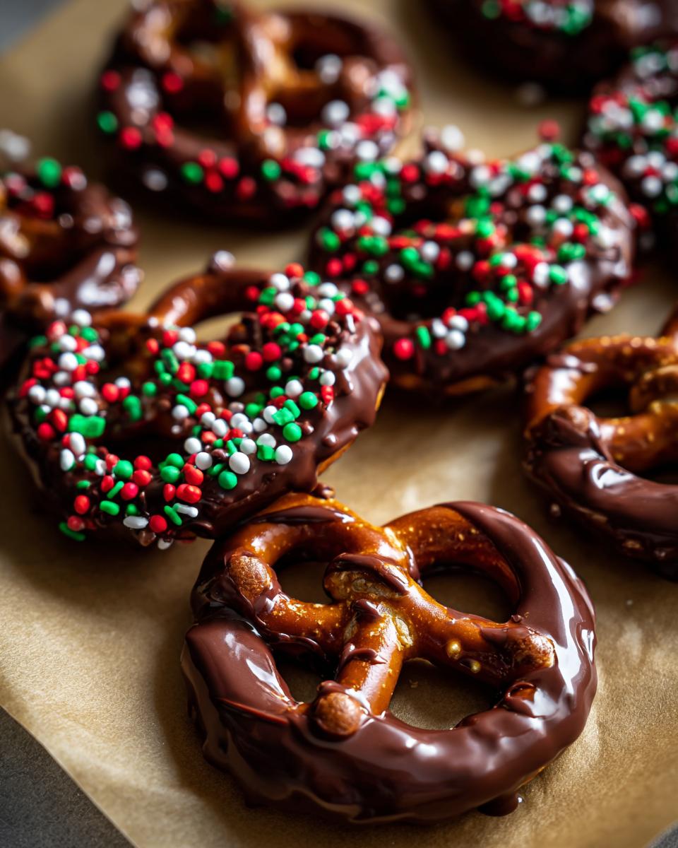 Close-up of chocolate-covered pretzels with red, white, and green sprinkles, perfect for Fourth of July Desserts.