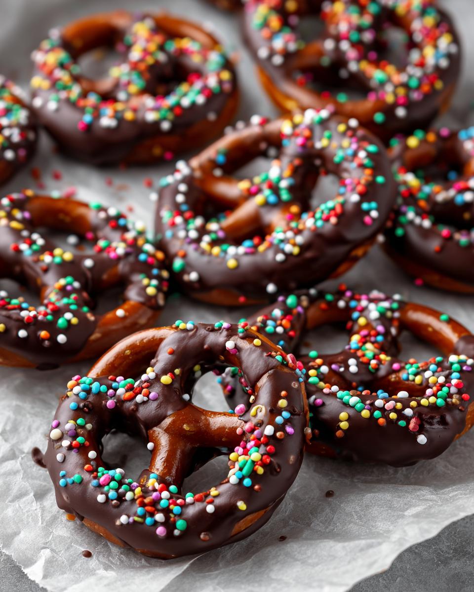 Close-up of chocolate-covered pretzels with colorful sprinkles, perfect for Fourth of July desserts.