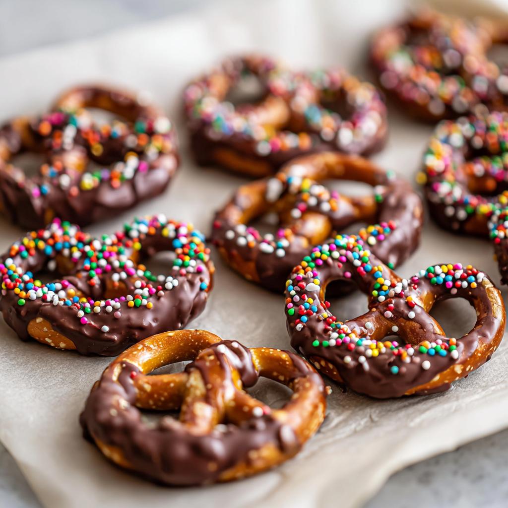 Close-up of chocolate-covered pretzels with colorful sprinkles, perfect for Fourth of July desserts.