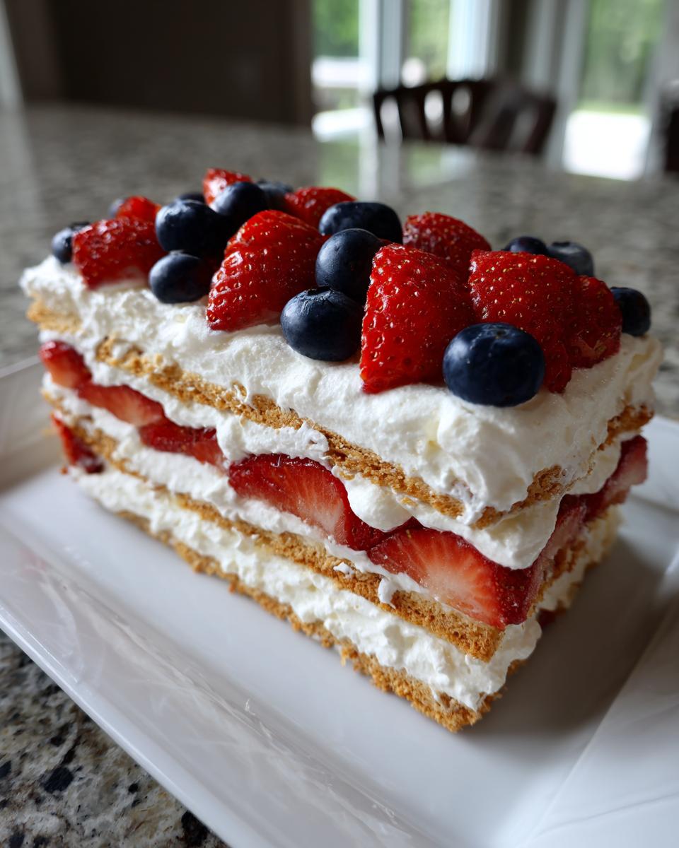 A slice of Fourth of July dessert icebox cake with layers of graham crackers, whipped cream, strawberries, and blueberries.