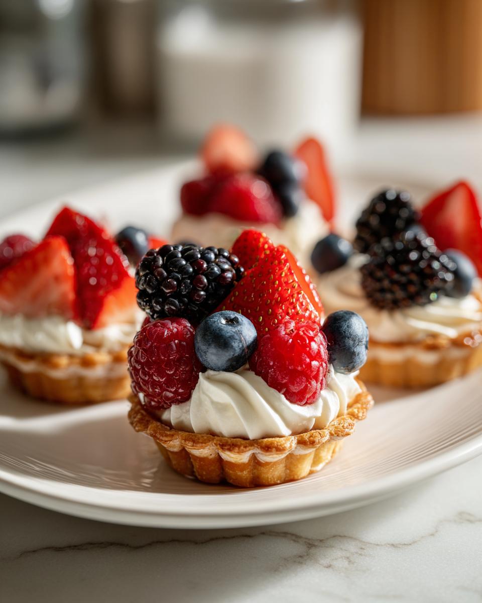 Close-up of Fourth of July desserts: mini tartlets filled with cream and topped with fresh berries like strawberries, raspberries, blueberries, and blackberries.