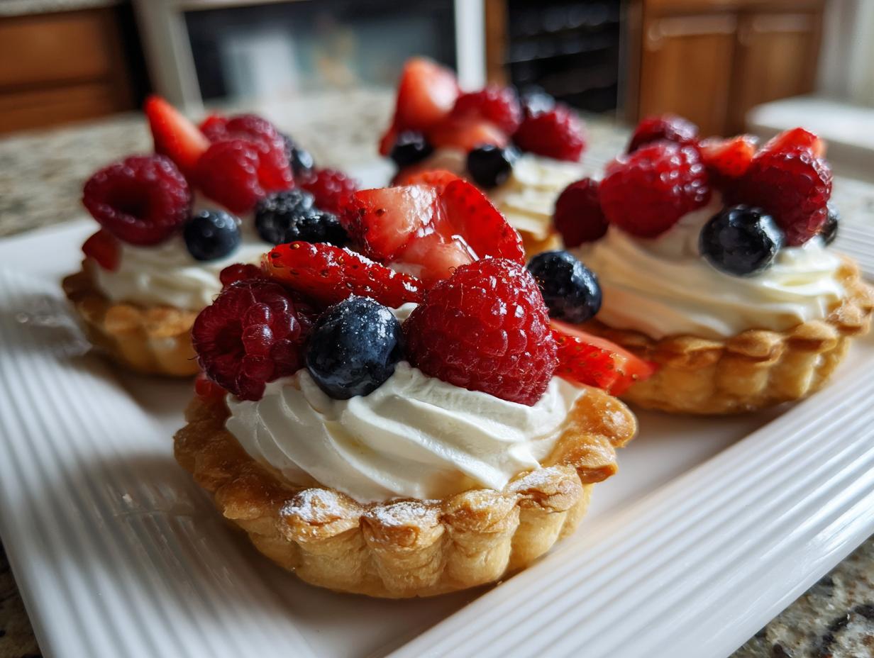 Close-up of Fourth of July desserts: mini tartlets filled with whipped cream and topped with fresh strawberries, raspberries, and blueberries.