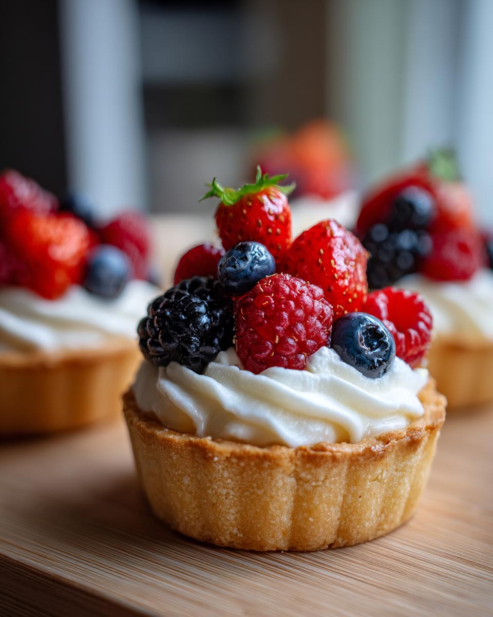 Close-up of a Fourth of July dessert: a mini tartlet filled with cream and topped with fresh strawberries, blueberries, raspberries, and blackberries.