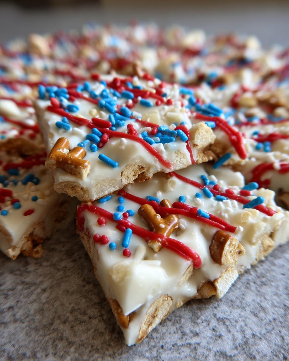 Close-up of a piece of Fourth of July Desserts Patriotic Snack Mix Bark, topped with red and blue sprinkles and pretzels.