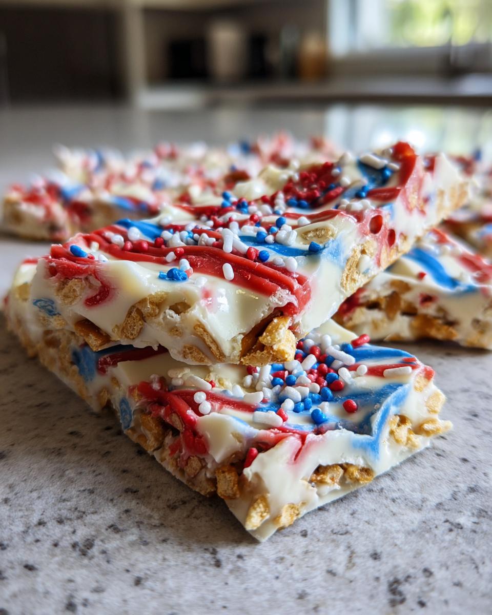 Close-up of Fourth of July Desserts: Patriotic Snack Mix Bark with red, white, and blue sprinkles.