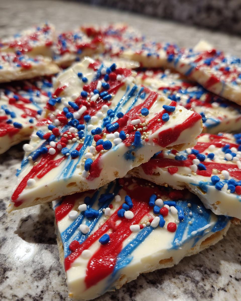 Close-up of triangular pieces of Fourth of July Desserts: Patriotic Snack Mix Bark, drizzled with red and blue icing and topped with festive sprinkles.