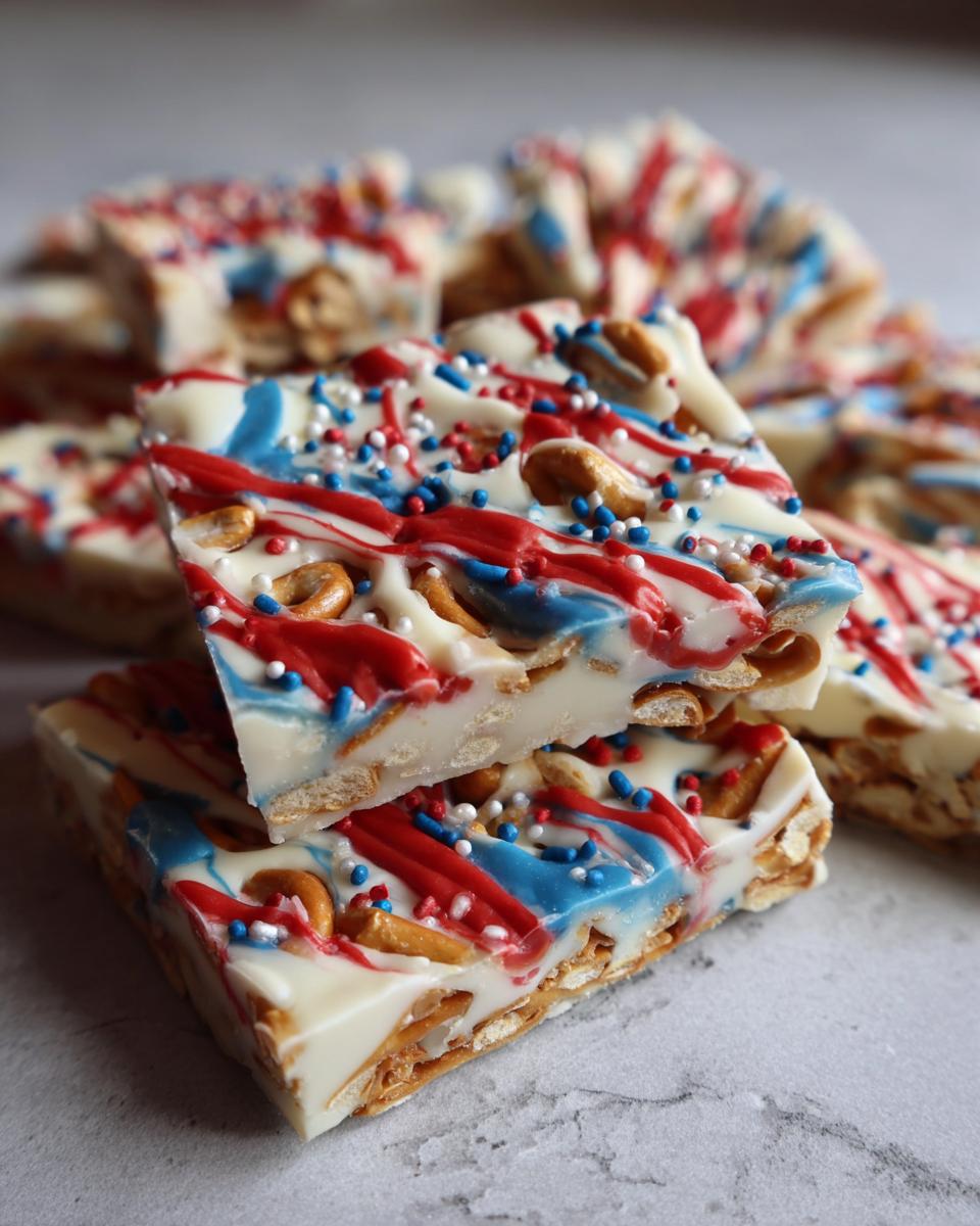 Close-up of stacked pieces of Fourth of July Desserts: Patriotic Snack Mix Bark, featuring white chocolate with red and blue drizzles and patriotic sprinkles.