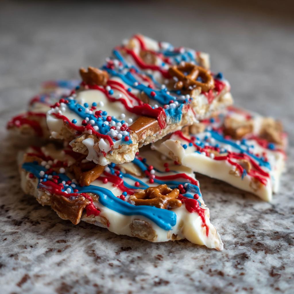 Close-up of Fourth of July Desserts: Patriotic Snack Mix Bark with red, white, and blue drizzle and sprinkles.
