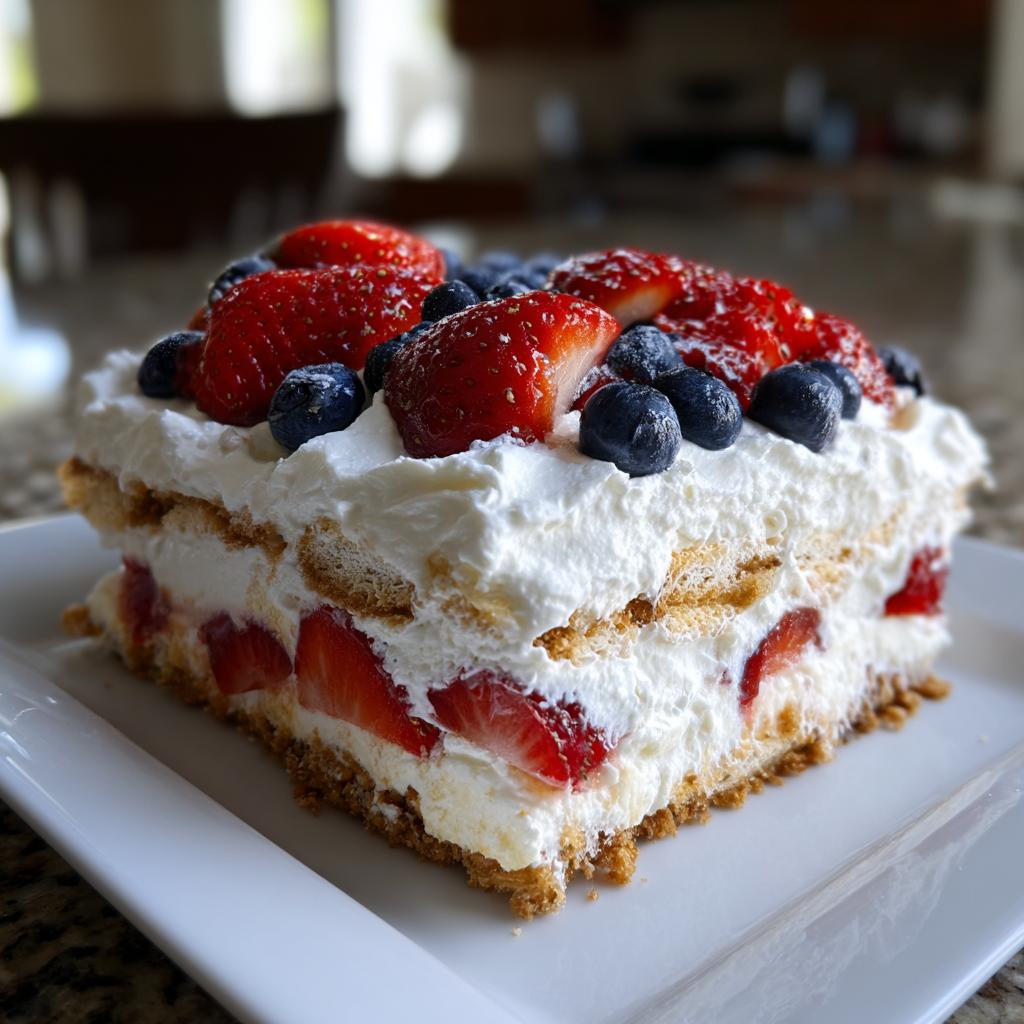 A delicious slice of Fourth of July Desserts: Red White Blue Icebox Cake with strawberries and blueberries.
