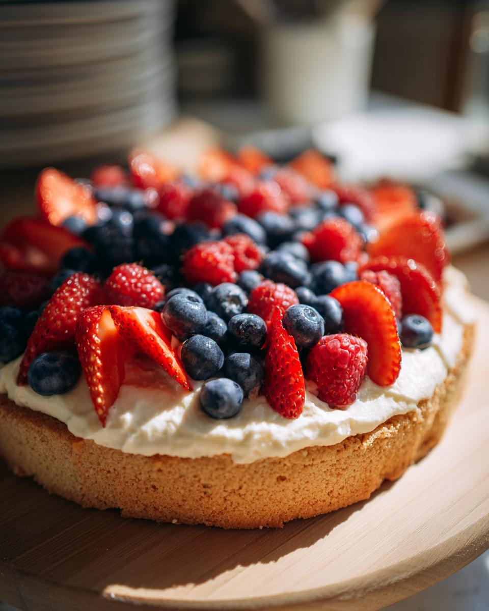 A vibrant Fourth of July Flag Fruit Pizza on a cookie crust, topped with whipped cream and fresh strawberries, blueberries, and raspberries.