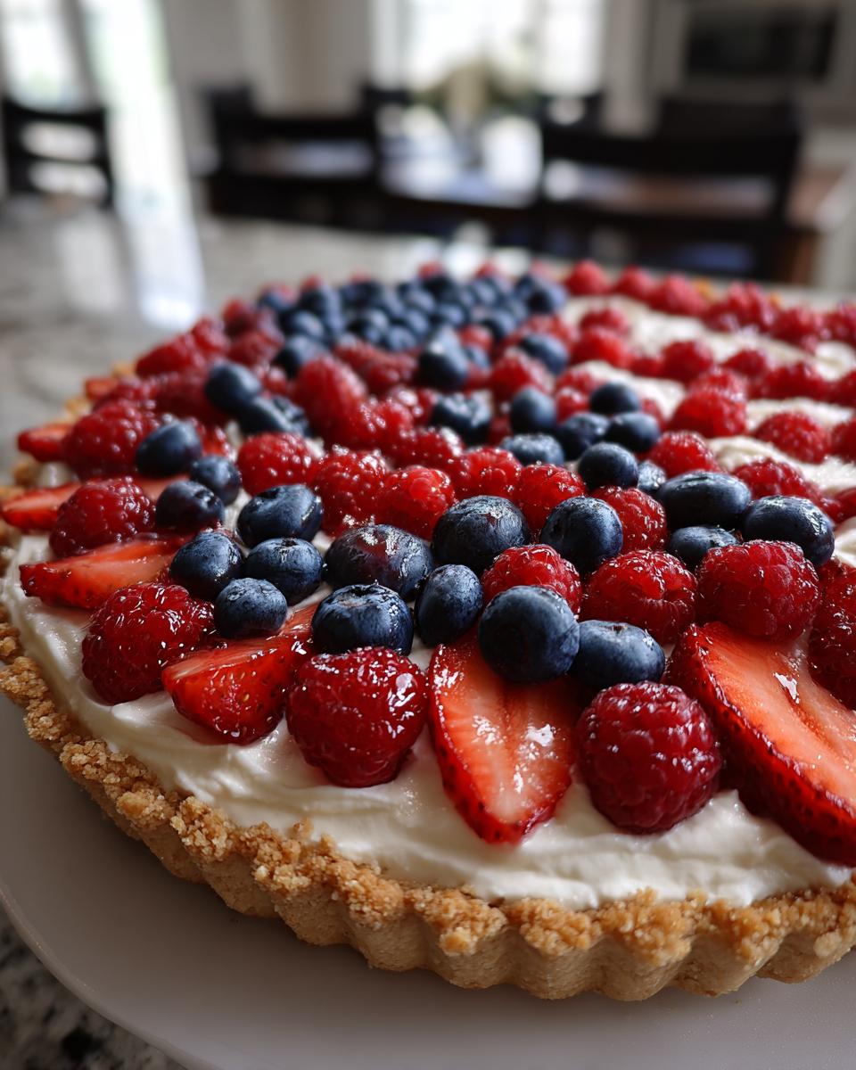 A close-up of a Fourth of July Flag Fruit Pizza on a cookie crust, decorated with strawberries, raspberries, and blueberries.