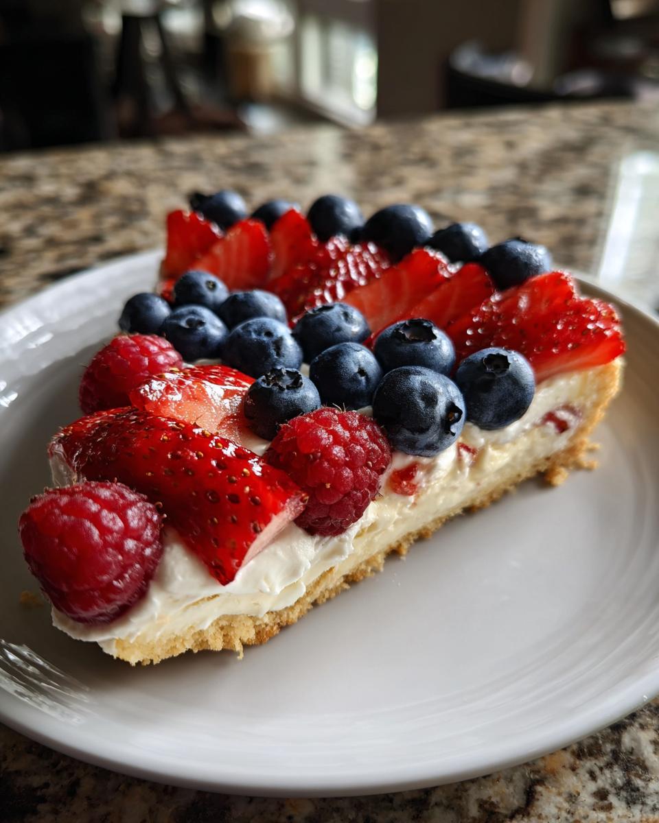 A slice of Fourth of July Flag Fruit Pizza on a cookie crust, topped with cream cheese frosting and fresh berries.