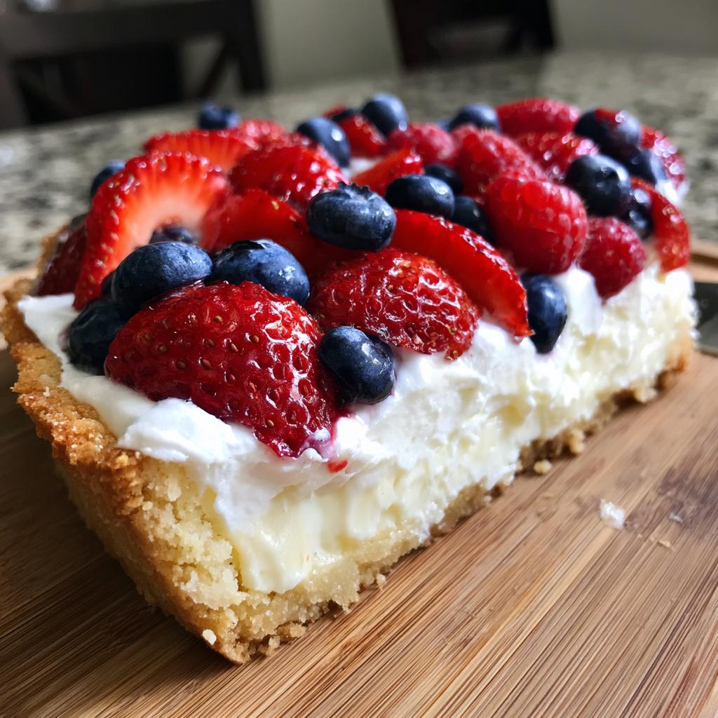 A slice of Fourth of July Flag Fruit Pizza on a cookie crust, topped with cream cheese frosting and fresh strawberries and blueberries.