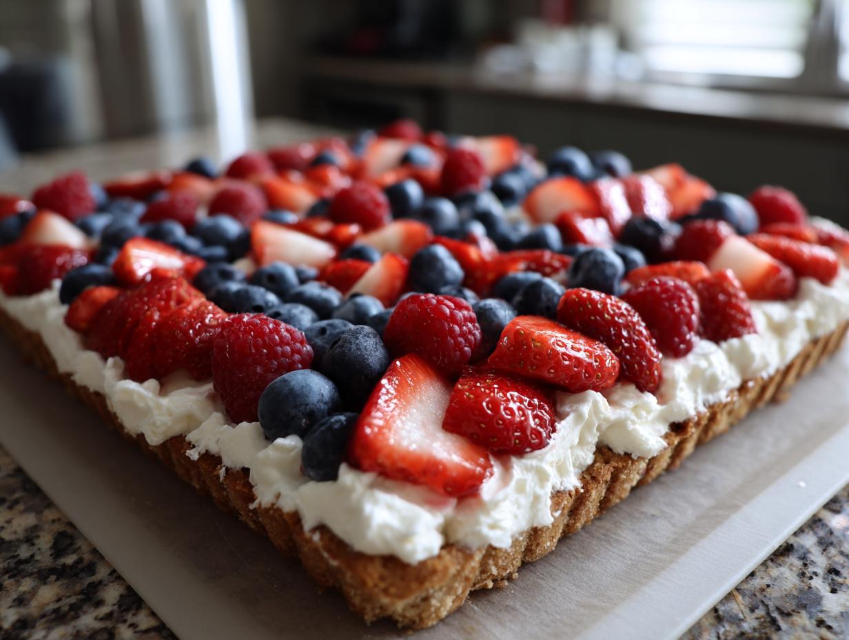 A festive Fourth of July Flag Fruit Pizza on a cookie crust, topped with cream cheese frosting and fresh strawberries, blueberries, and raspberries.