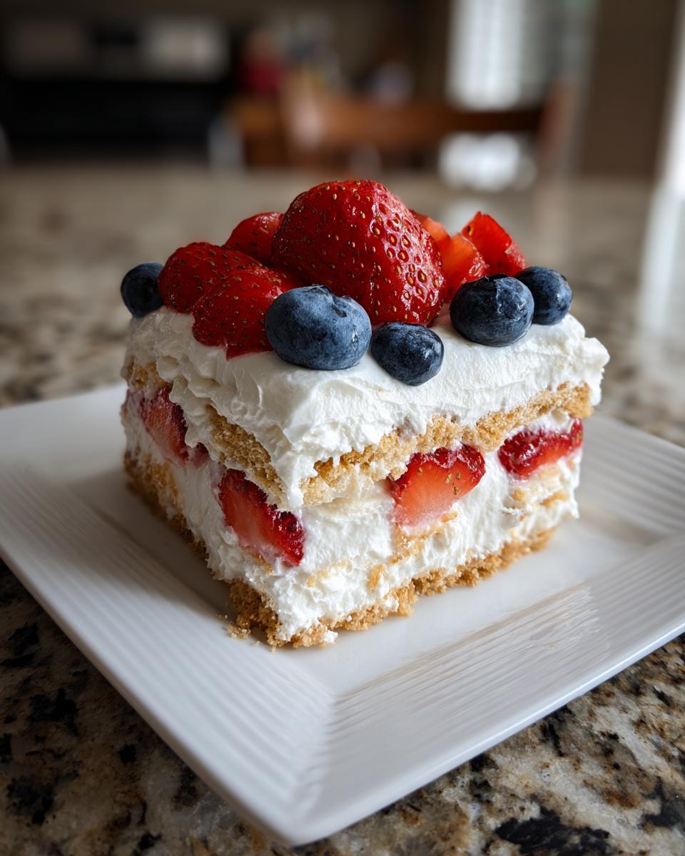 A slice of red, white, and blue icebox cake topped with strawberries and blueberries, perfect for Fourth of July desserts.