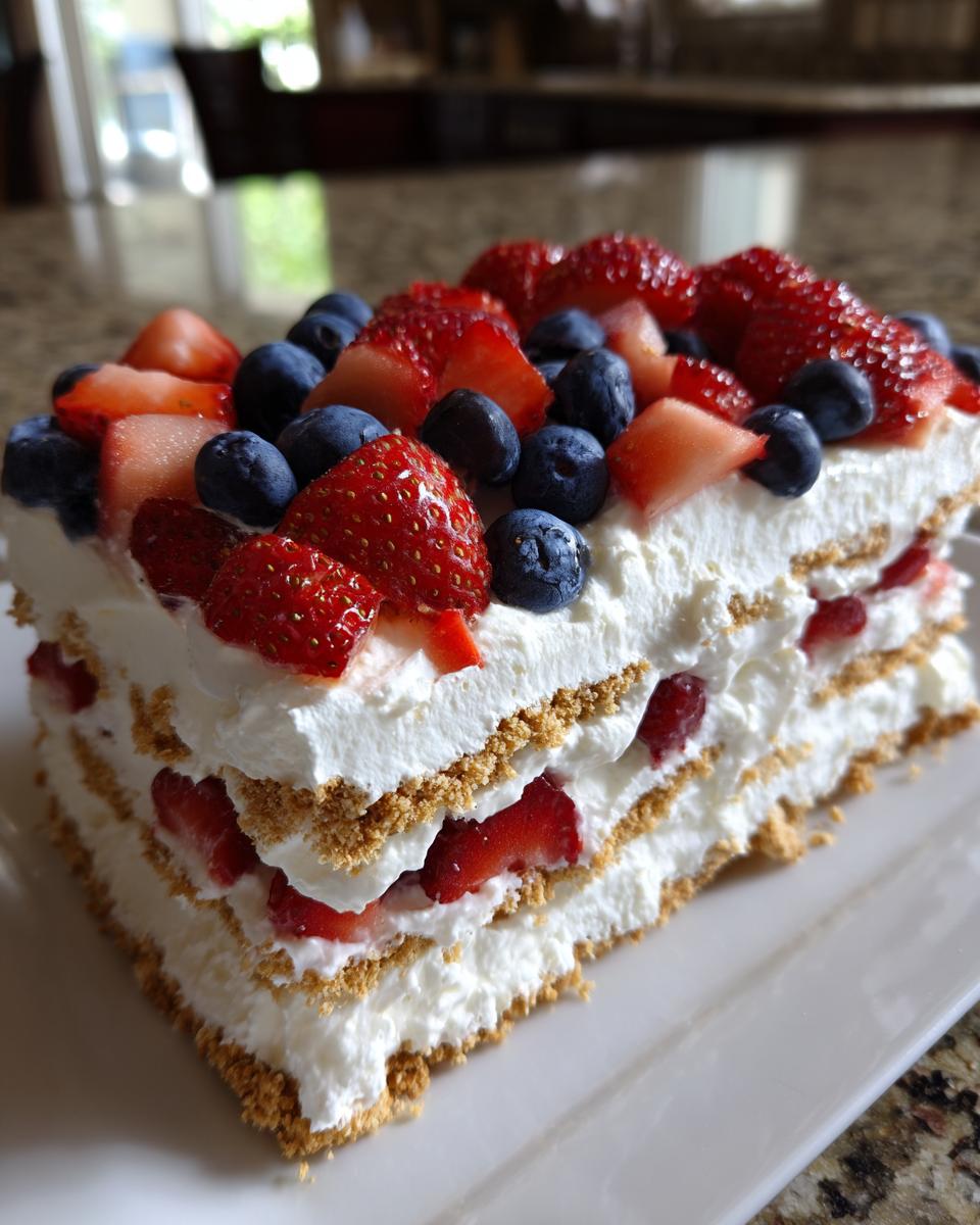 A slice of red white and blue icebox cake topped with strawberries and blueberries.