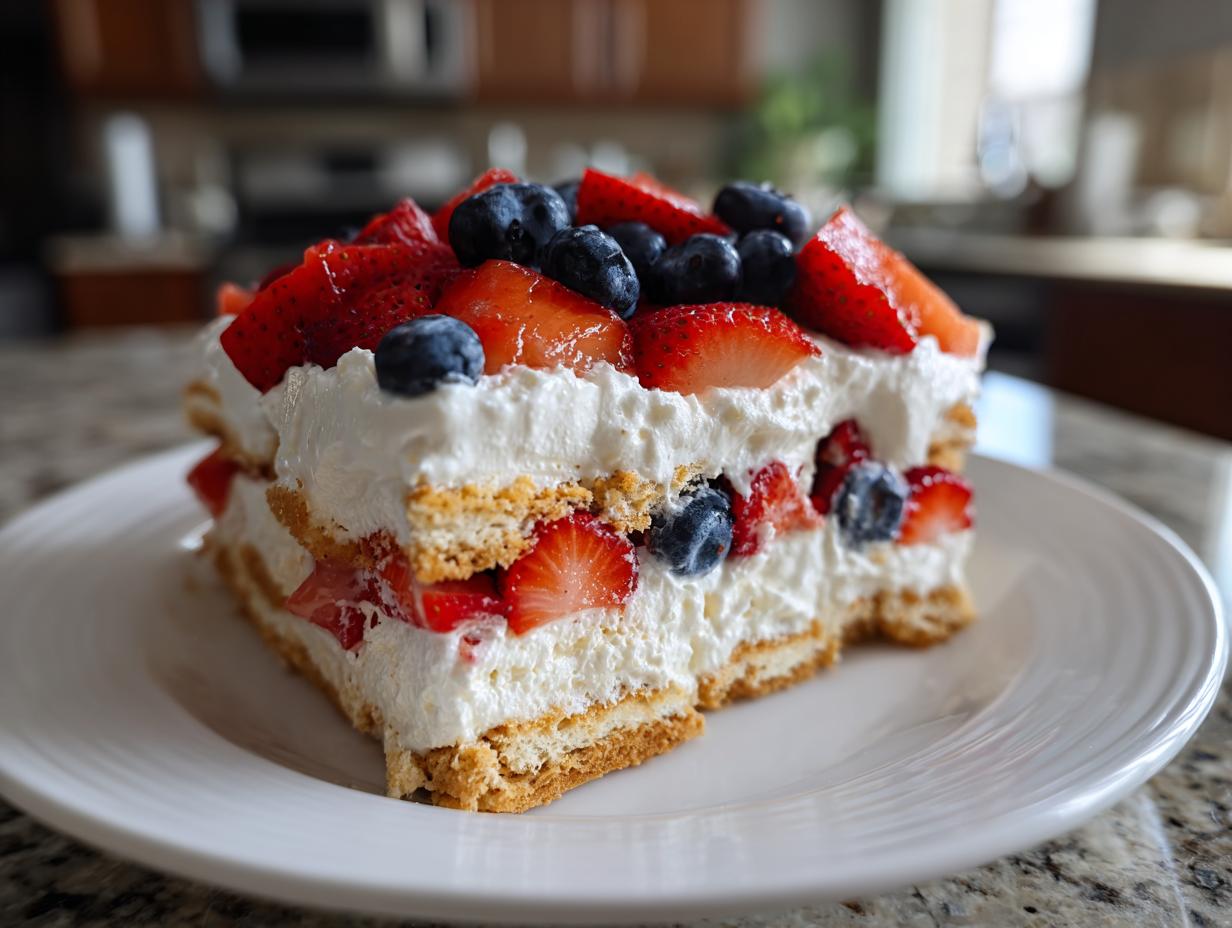 A slice of red, white, and blue icebox cake with strawberries and blueberries, perfect for Fourth of July desserts.