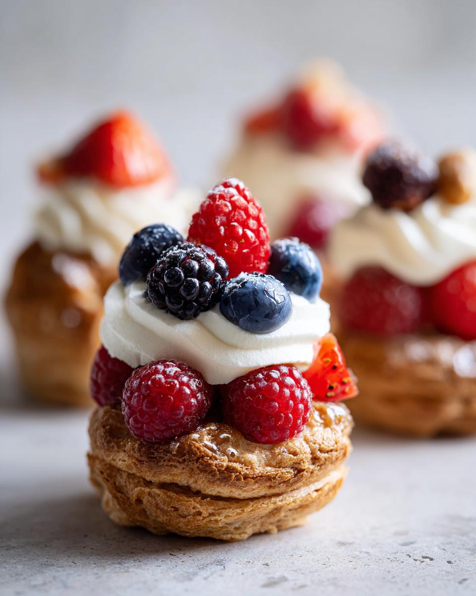 Close-up of a Fourth of July mini tartlet topped with whipped cream and fresh berries like raspberries, blueberries, and blackberries.